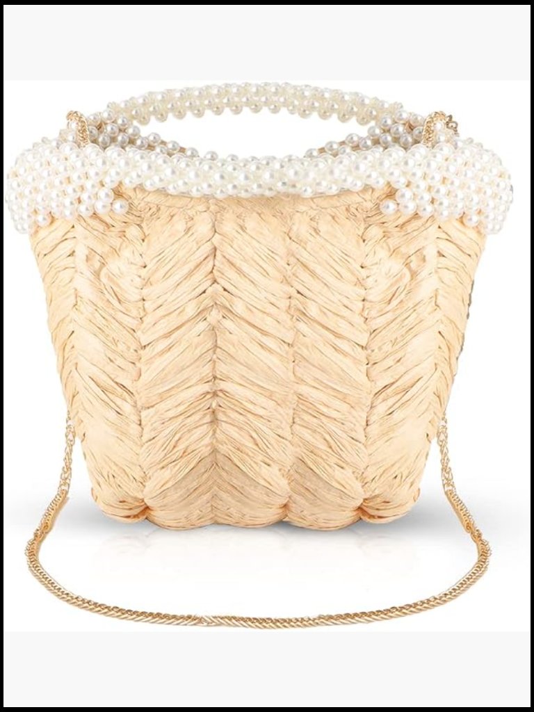 Womens Handwoven Straw Crossbody Bag Boho Summer Pearl Shoulder Chain Tote